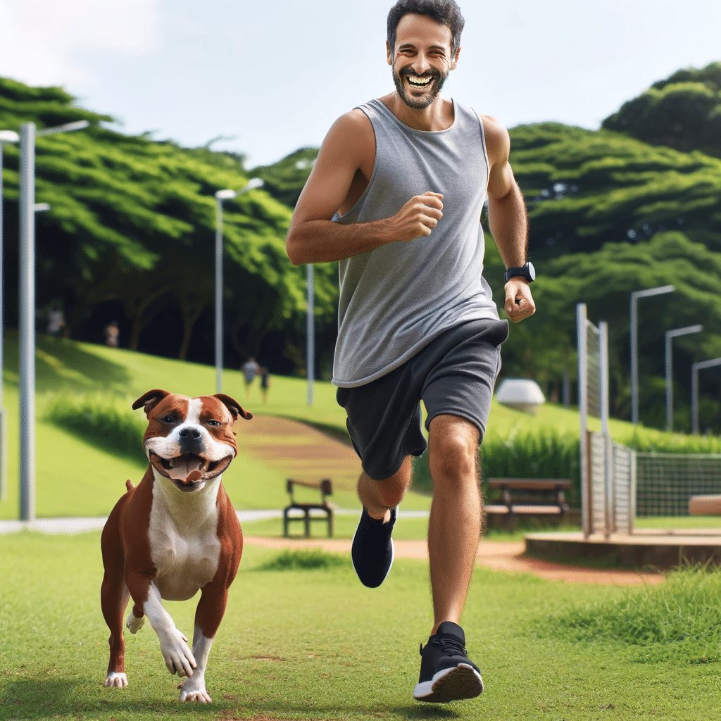 Uma cena ao ar livre em um parque No centro um homem em trajes de exercicio feliz correndo ao lado de um cachorro Staffordshire Bul Terrier