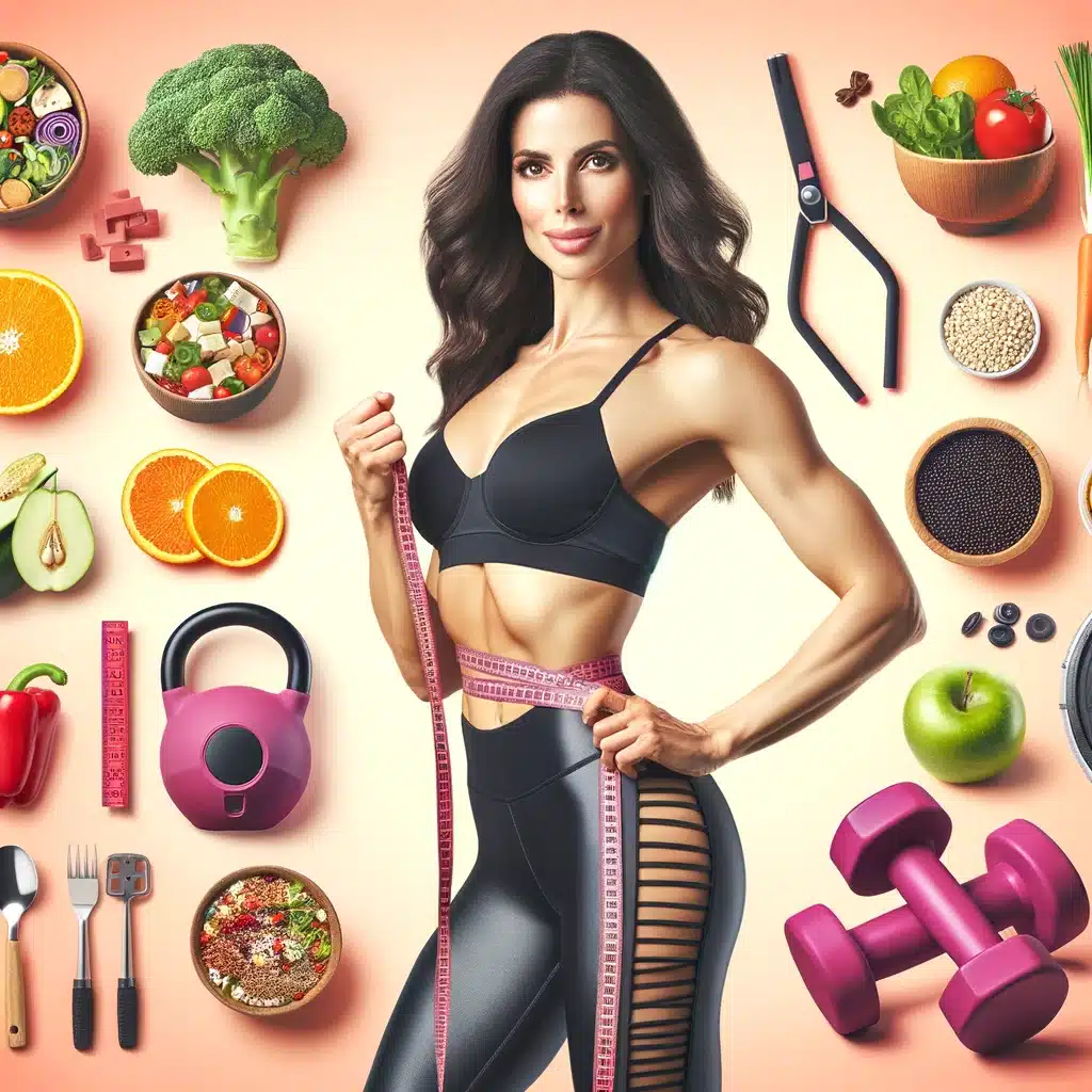 hábitos e escolhas para emagrecer mulher com frutas halteres fita metrica