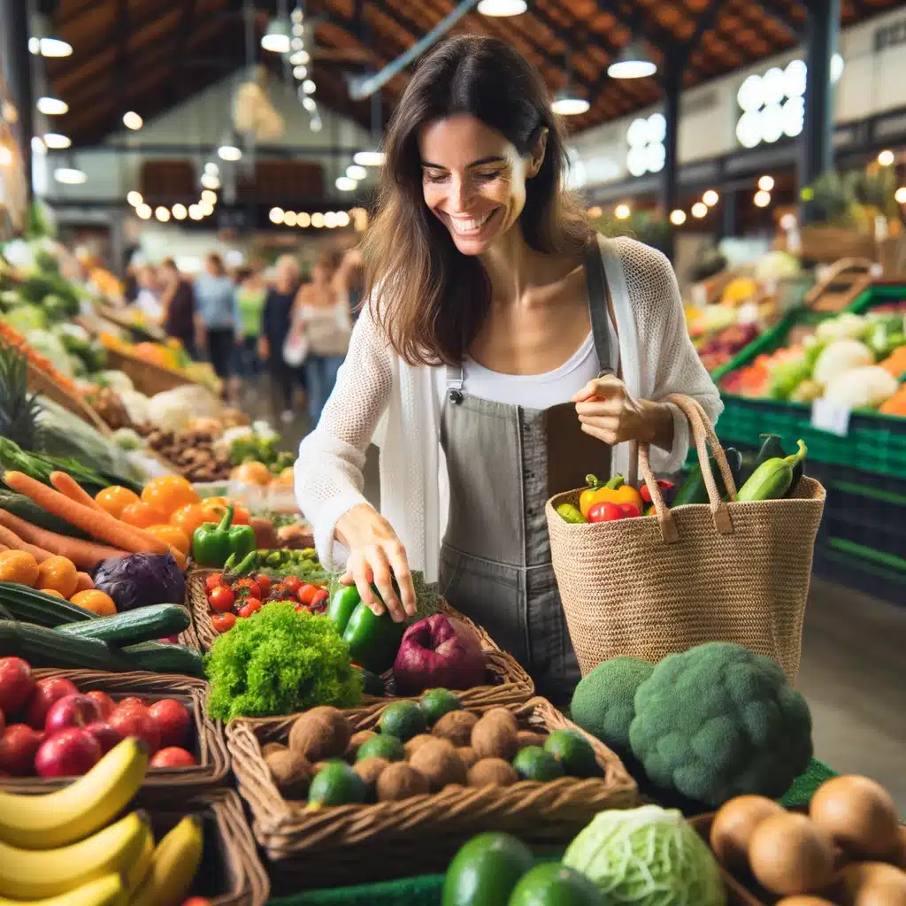mulher fazendo compras saudáveis no mercado