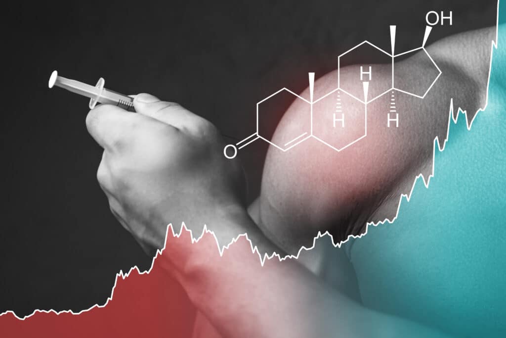Bodybuilder with syringe, testosterone formula and rising chart. Anabolic steroids usage.